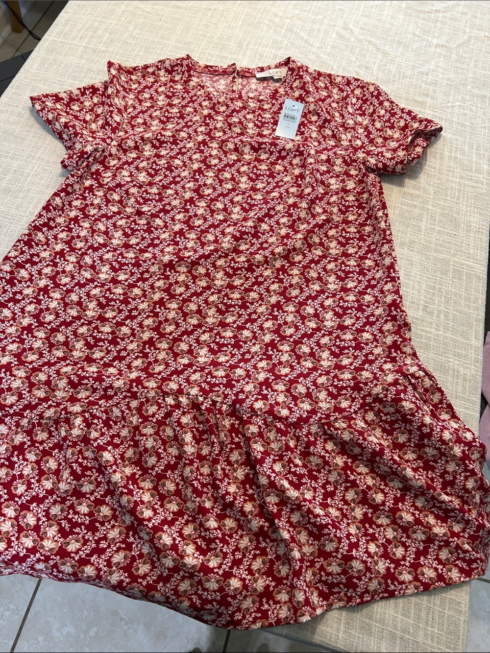 LOFT Red Floral Short-Sleeve Dress